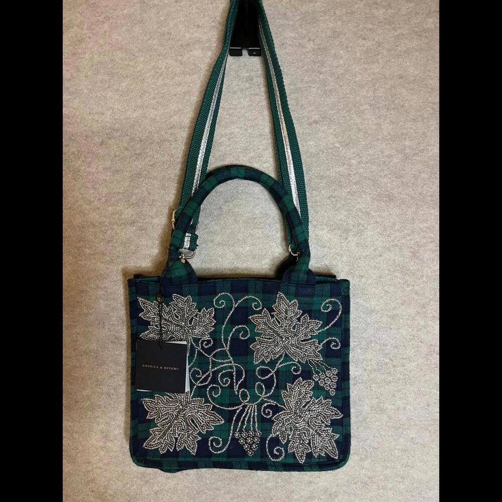 America & Beyond Plaid Tote Bag with Embellished Design Green Navy Plaid
